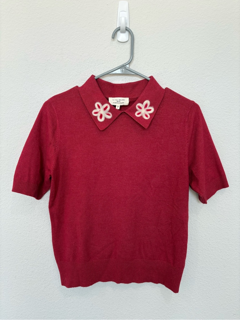 La Vila Milano Floral Embroidered Soft Knit Short Sleeve Collared Sweater Small
